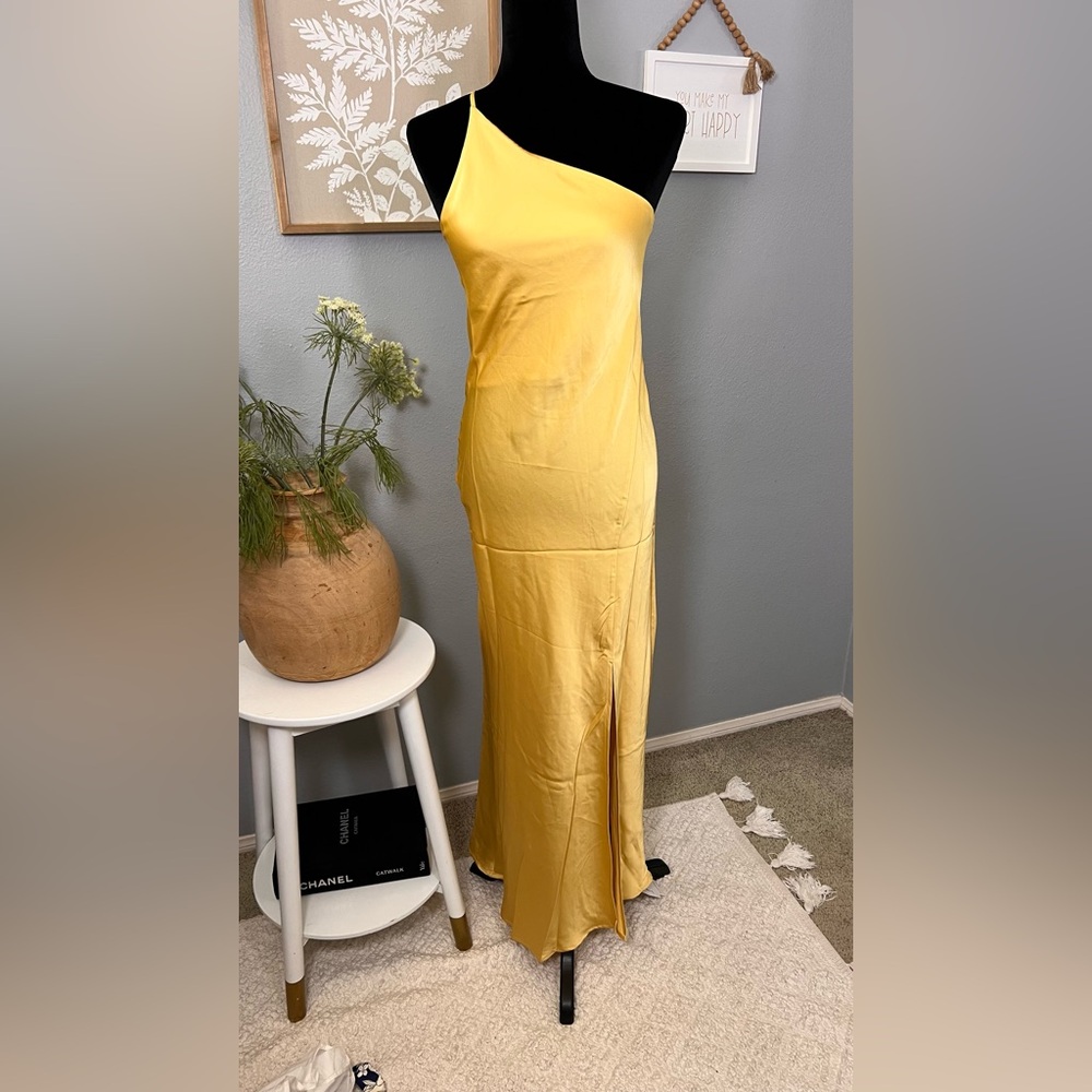 Commense Yellow One Shoulder Satin Maxi Dress NWT Size S